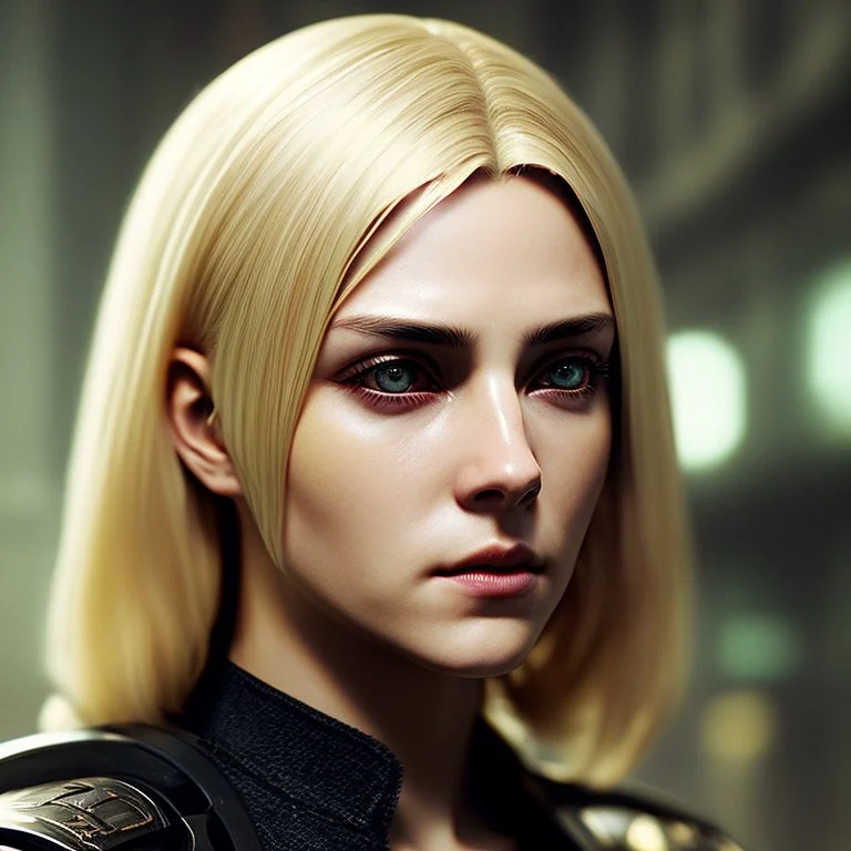 Photorealistic headshot of a beautiful blonde assassin cyberpunk dynamic pose