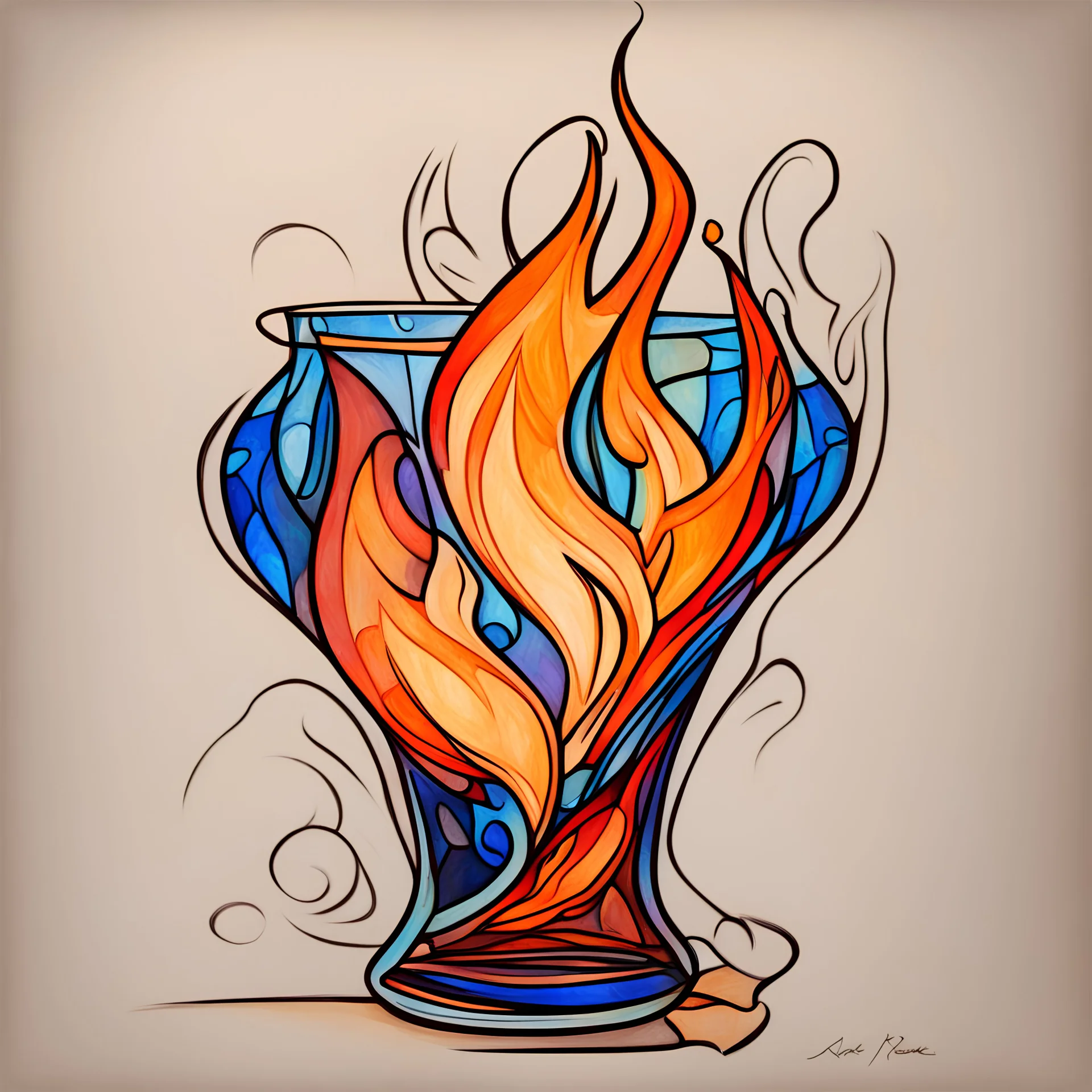 Flame and Glass in color sketch note plique-a-jour art style