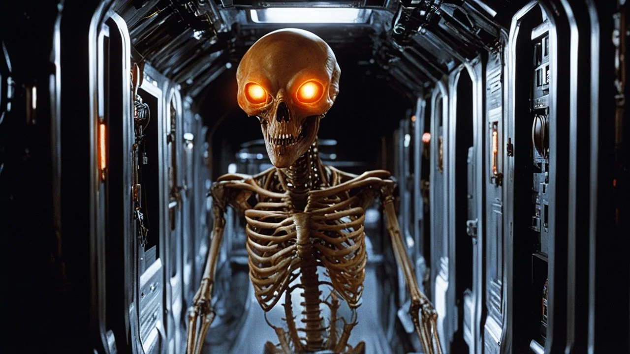 [Alien (1979)] skeletal android with internal mechanisms and orange glowing eyes in blood soaked spaceship corridor