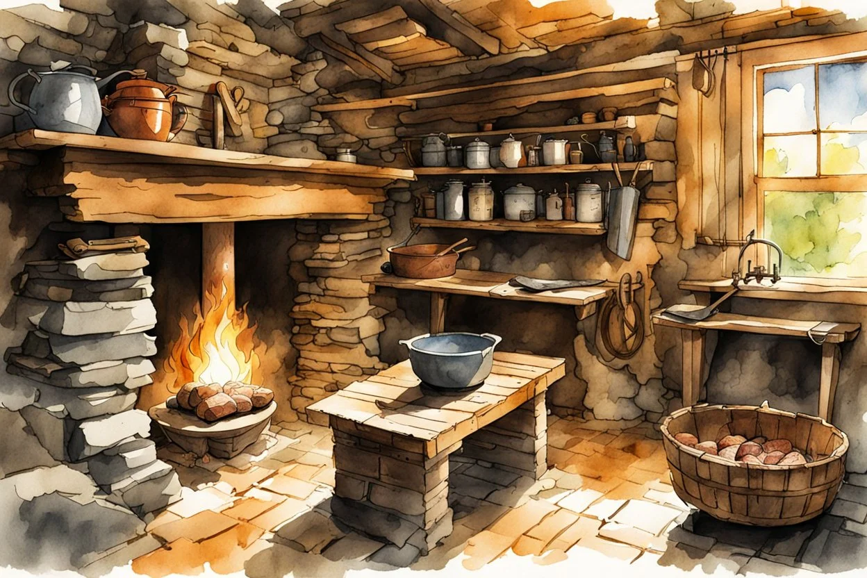 ink wash and watercolor illustration of the interior of an 18th century rough hewn New England cabin, with a dry laid stone hearth , rustic furniture , kitchen utensils, hanging herbs , curing game meat, in the comic book style of Bill Sienkiewicz and Jean Giraud Moebius , sharp focus, natural light and shadow, rich earth tone colors