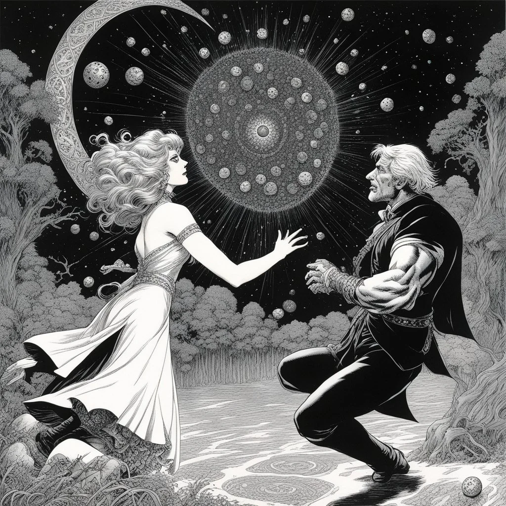[comic book art by Sam Keith and Bernie Wrightson] Jacob wrestling with angelIn the realm of fantastical wonders, there existed a being known as Lady Chance. Her presence was as unpredictable as a roll of the dice, as intricate as the swirling patterns of fractal art, and as vast as the concept of Everything Everywhere All at Once. Her eyes held the depth of a Mandelbulb 3D creation, swirling with colors and patterns that hinted at the secrets of the universe.