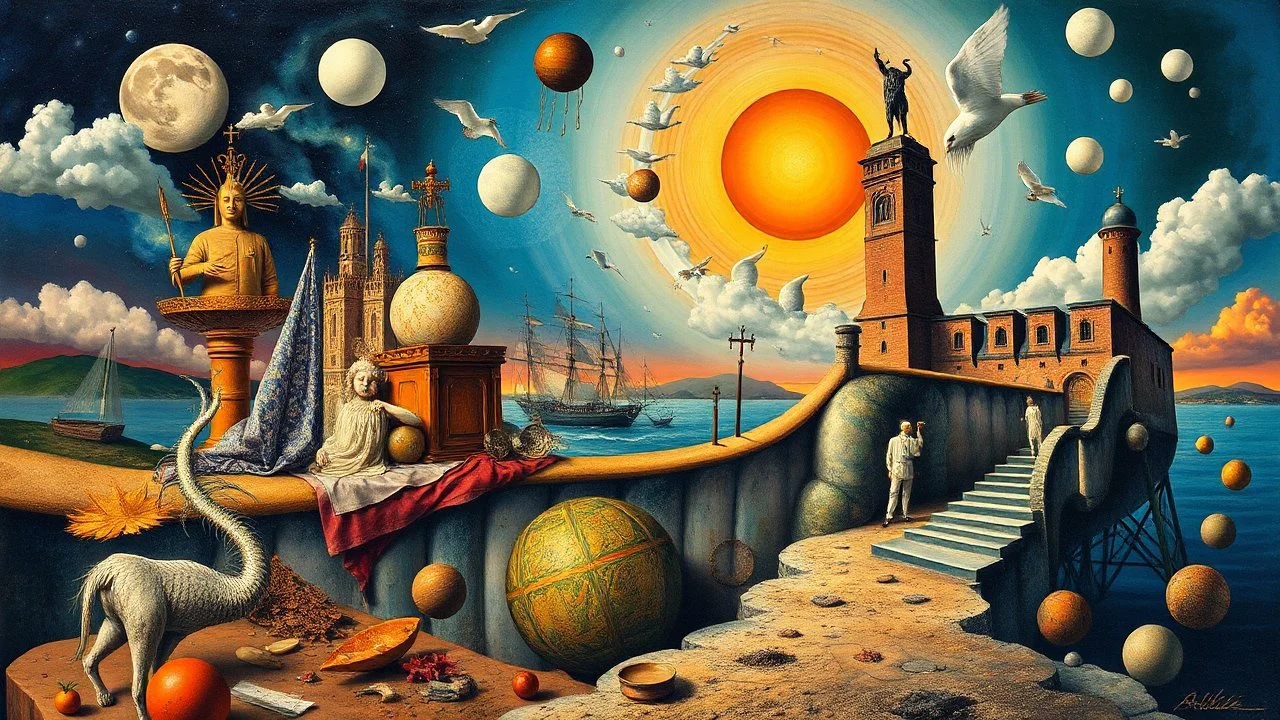 Surreal collage of different elements, dreamy and ethereal feel, by Salvador Dali and Rene Magritte, vibrant colors, intricate details, thought-provoking concept art.