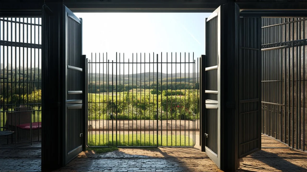 Interior of a dark dismal prison cell with prison furniture, looking out through an open cell door and open bars into gardens and distant hills in bright sunshine and freedom. Exquisite composition, beautiful detailed intricate detailed octane render, 8k artistic photography, photorealistic, perfect light, chiaroscuro, award-winning photograph, masterpiece