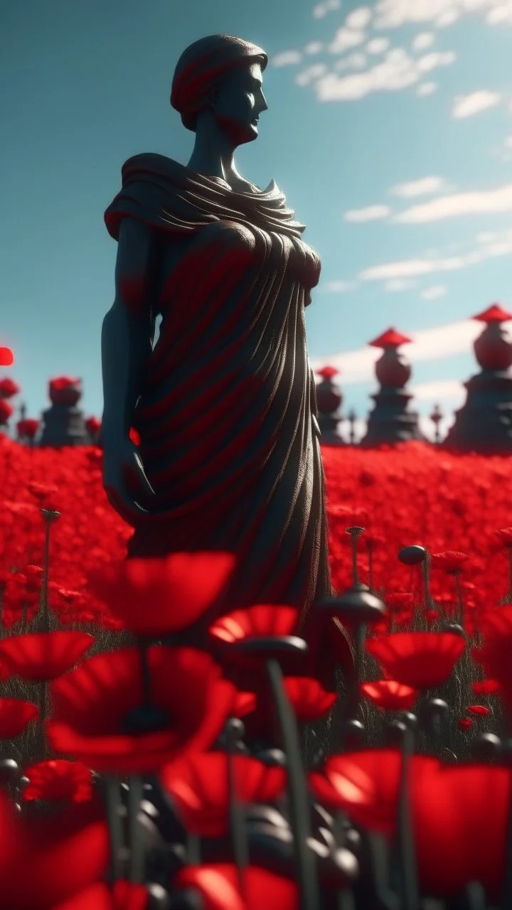 statue of justice in a field of red poppies.cinematic