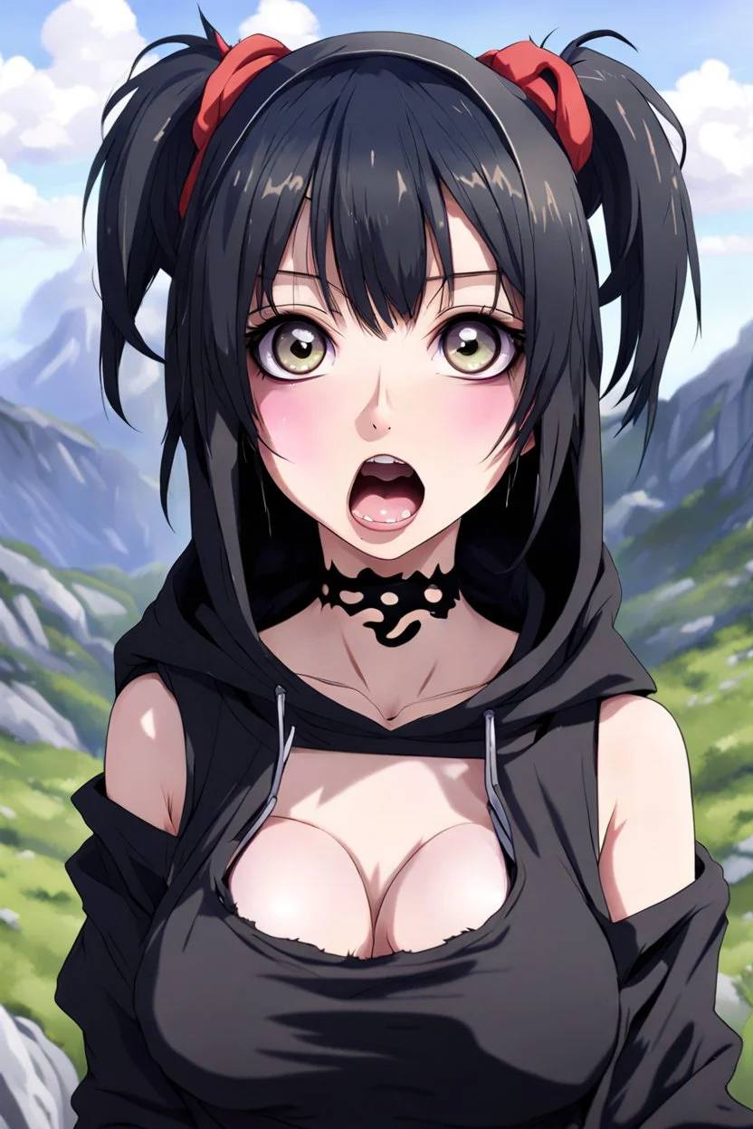 Closeup anime women goth with big eyes, fullbody, ragged clothes, slime, the perspective looking down, rolling eyes, tongue out, open mouth, croppedhoodie, underboob, mountainous horizon, 1girl, bangs, black hair, blind, grey eyes, hair between eyes, hair bun, hairband, short hair, cropped hoodie underboob, cropped hoodieunderboobhoodie