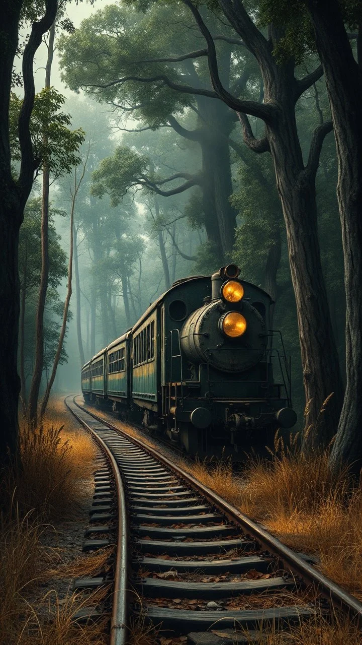 Bosch painting style nightmare,an old train in the jungle surrounded with giant trees and dry grass around the train tracks