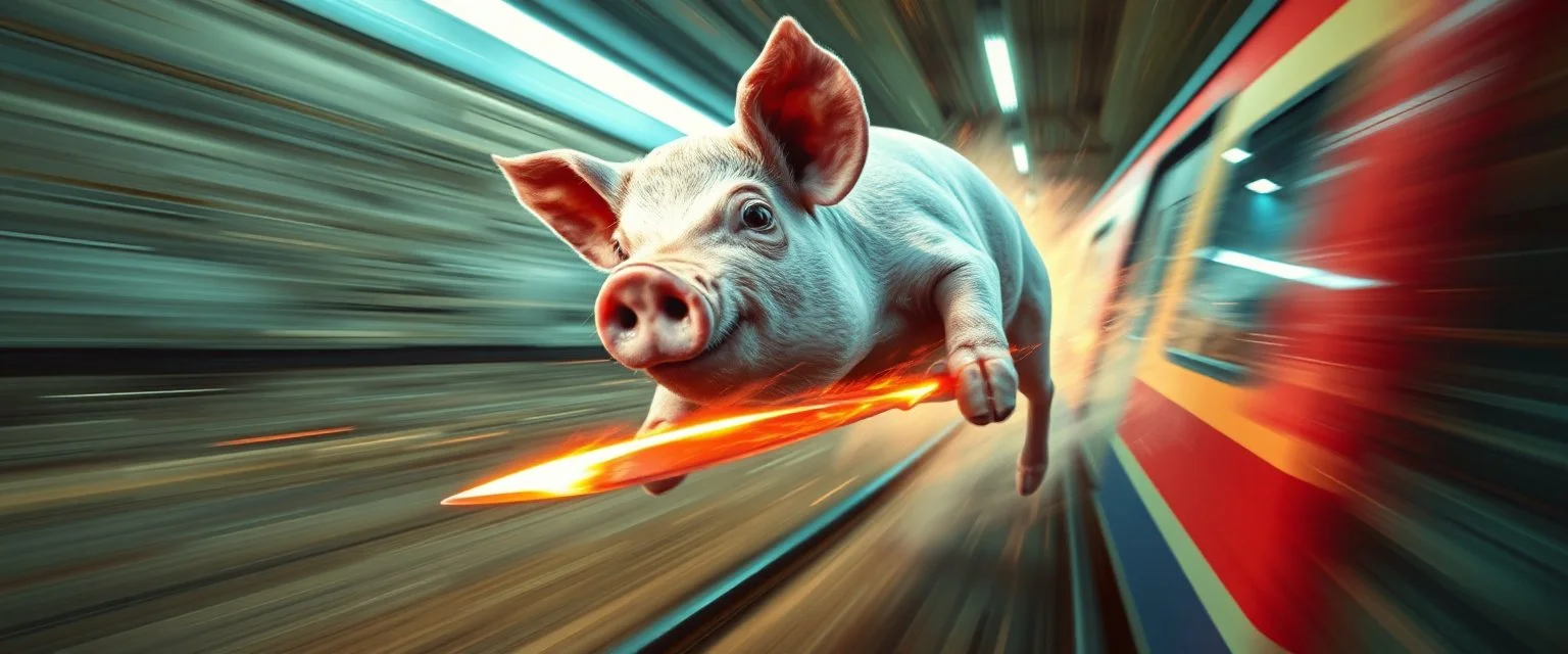 The world is getting creepier faster than a greased pig in a knife fight in a phone both on a runaway train on ai steroids. motion blurred background, speed and energy, goa trance poster