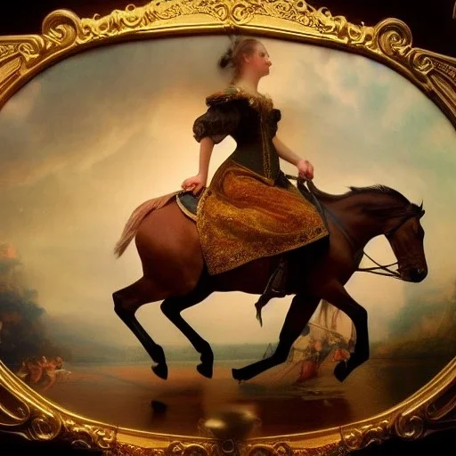 beautiful woman sitting on ultra-detailed carousel horse, 1800s, chiaroscuro lighting , 8k UHD, matte painting, character creation, full shot, wide field of view, centered, illustration, renaissance, artwork, high-quality, intricate detail, rocco, greg rutowski, howard lyon, alphonse mucha