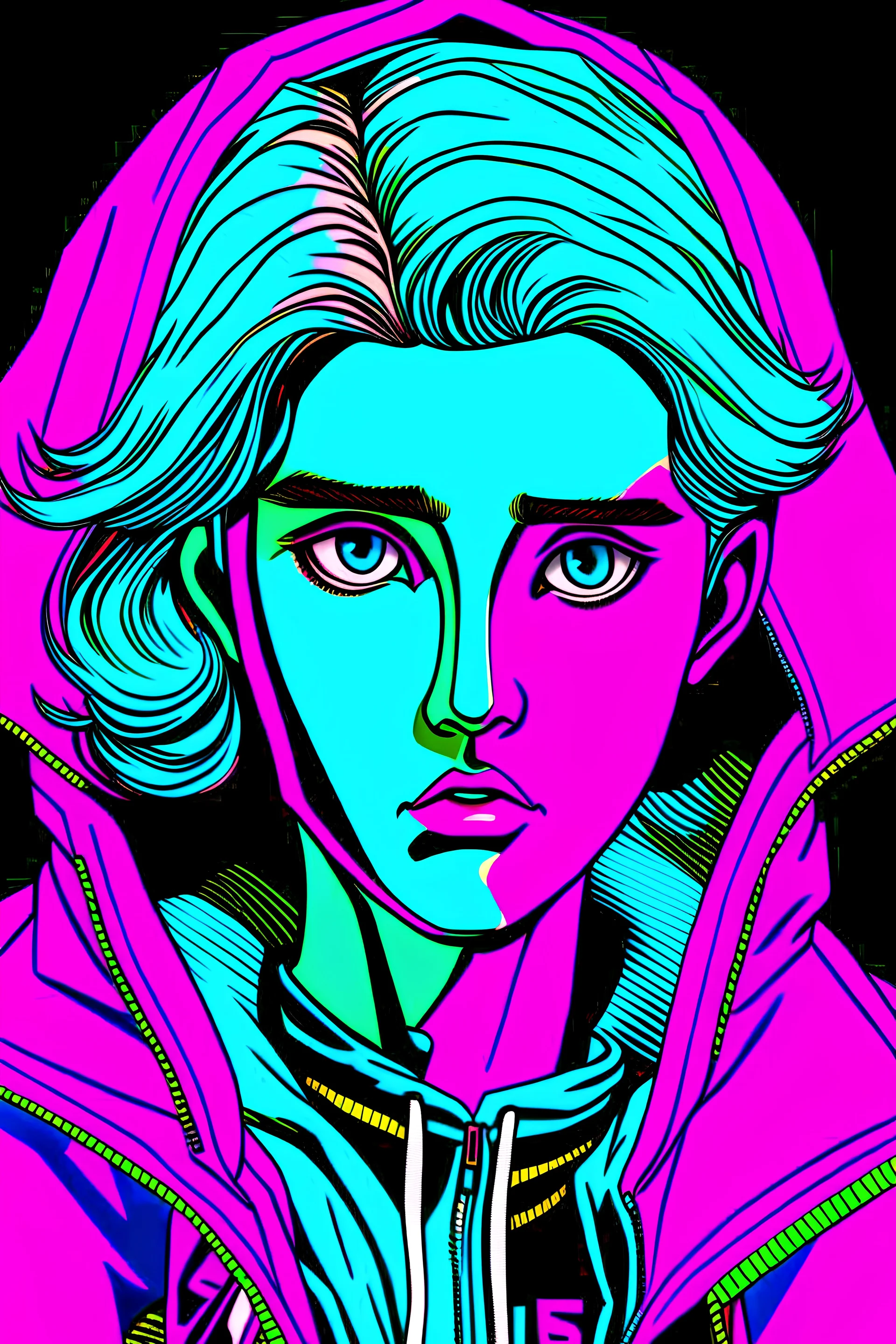 Comics style, '80s, teenager, androgynous male, disturbing big eyes, put on hoodie