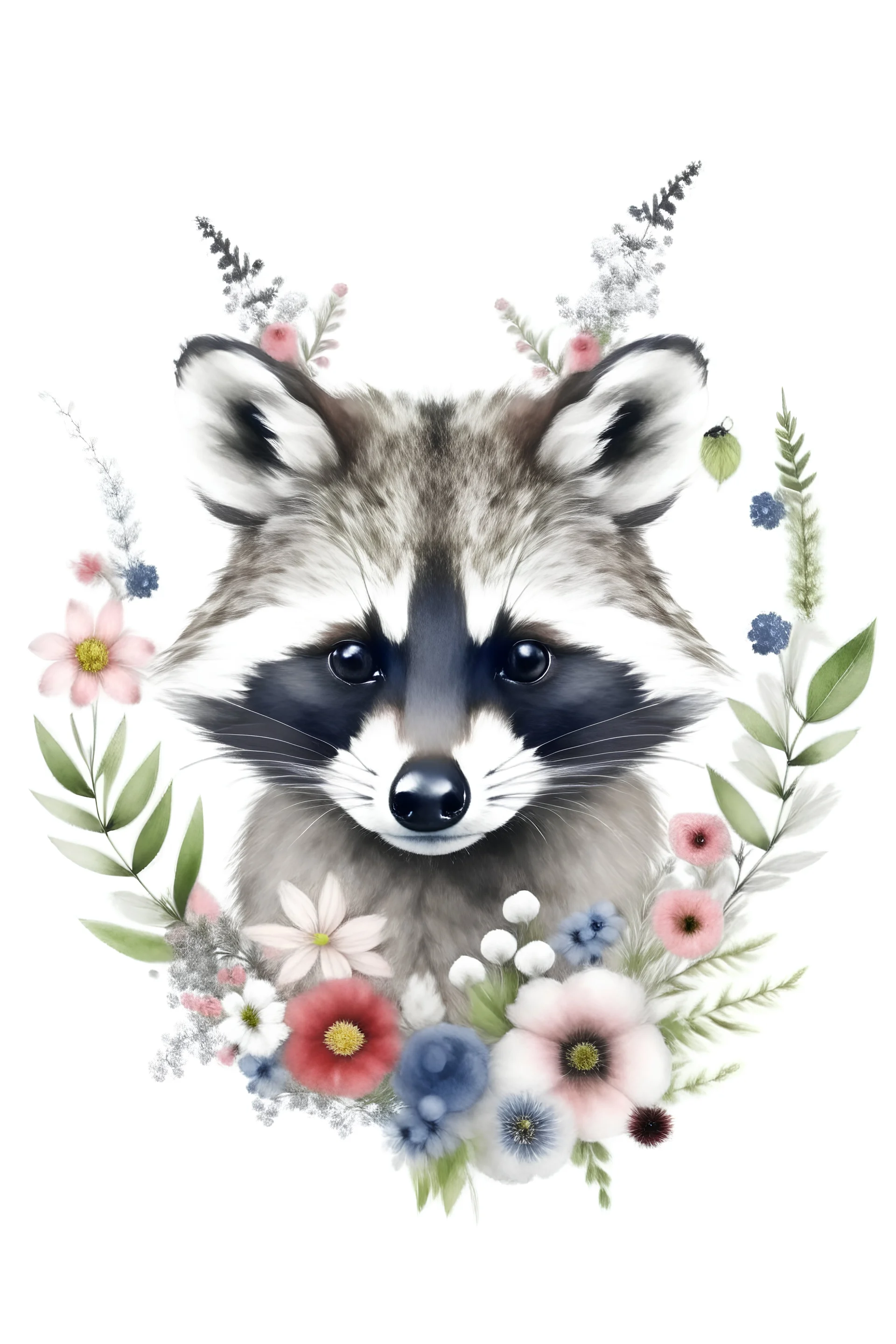 Typography portrait of a raccoon with flowers around her on a white background.