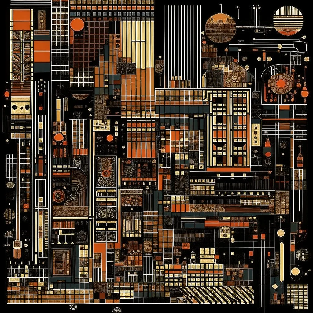 Liminal Abominations, by Ray Johnson and petros Afshar, warm colors, stylish and unsettling abstract art, vestiges of horror, diagonal composition, album art, Morse code dot and dash vertical textures, dark shines war, complex contrast,