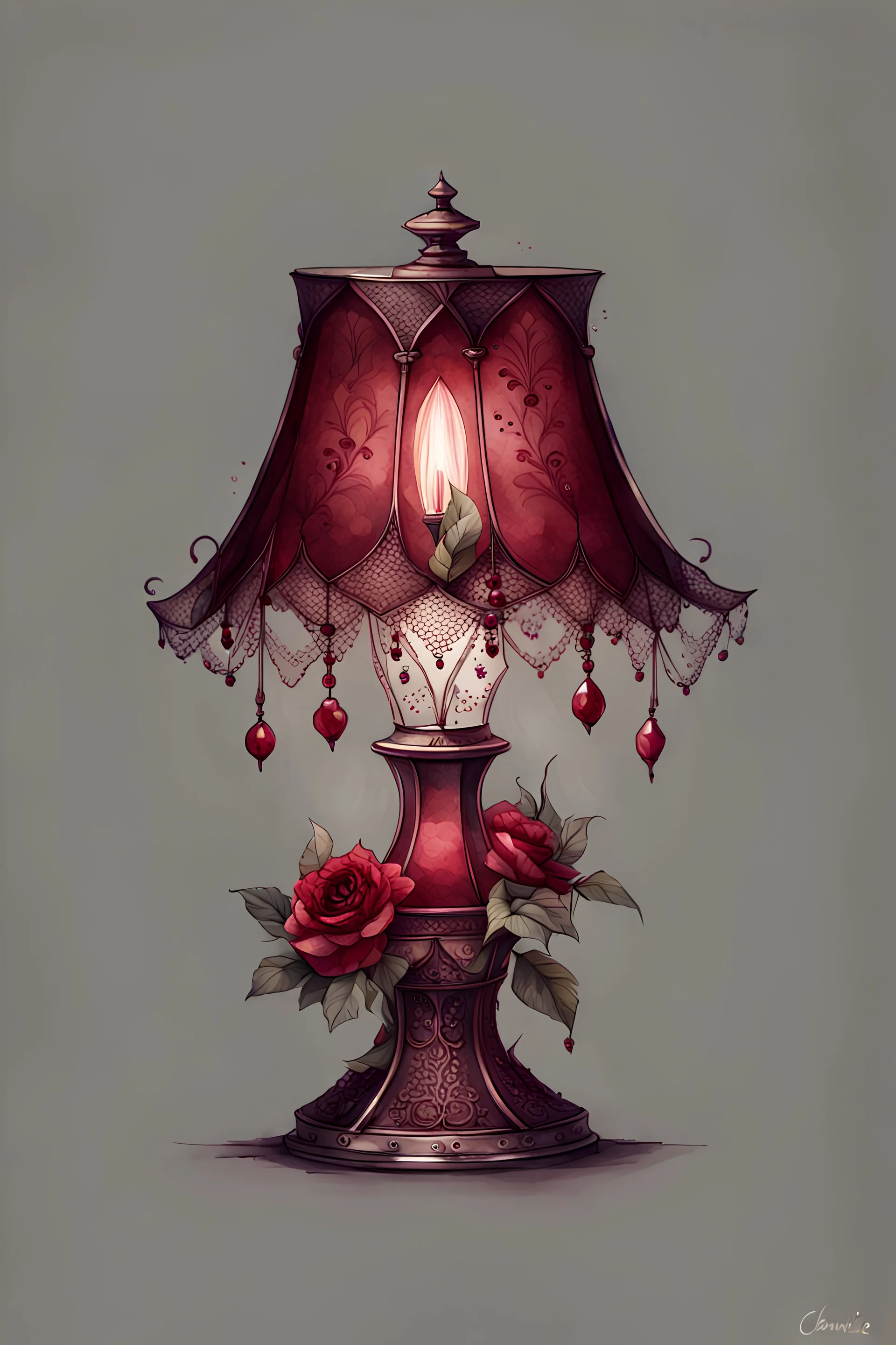 watercolor drawing of an old gothic dark red table lamp with flowers, rubies and lace, on a white background, Trending on Artstation, {creative commons}, fanart, AIart, {Woolitize}, by Charlie Bowater, Illustration, Color Grading, Filmic, Nikon D750, Brenizer Method, Side-View, Perspective, Depth of Field, Field of View, F/2.8, Lens Flare, Tonal Colors, 8K, Full-HD, ProPhoto RGB, Perfectionism, Rim Li