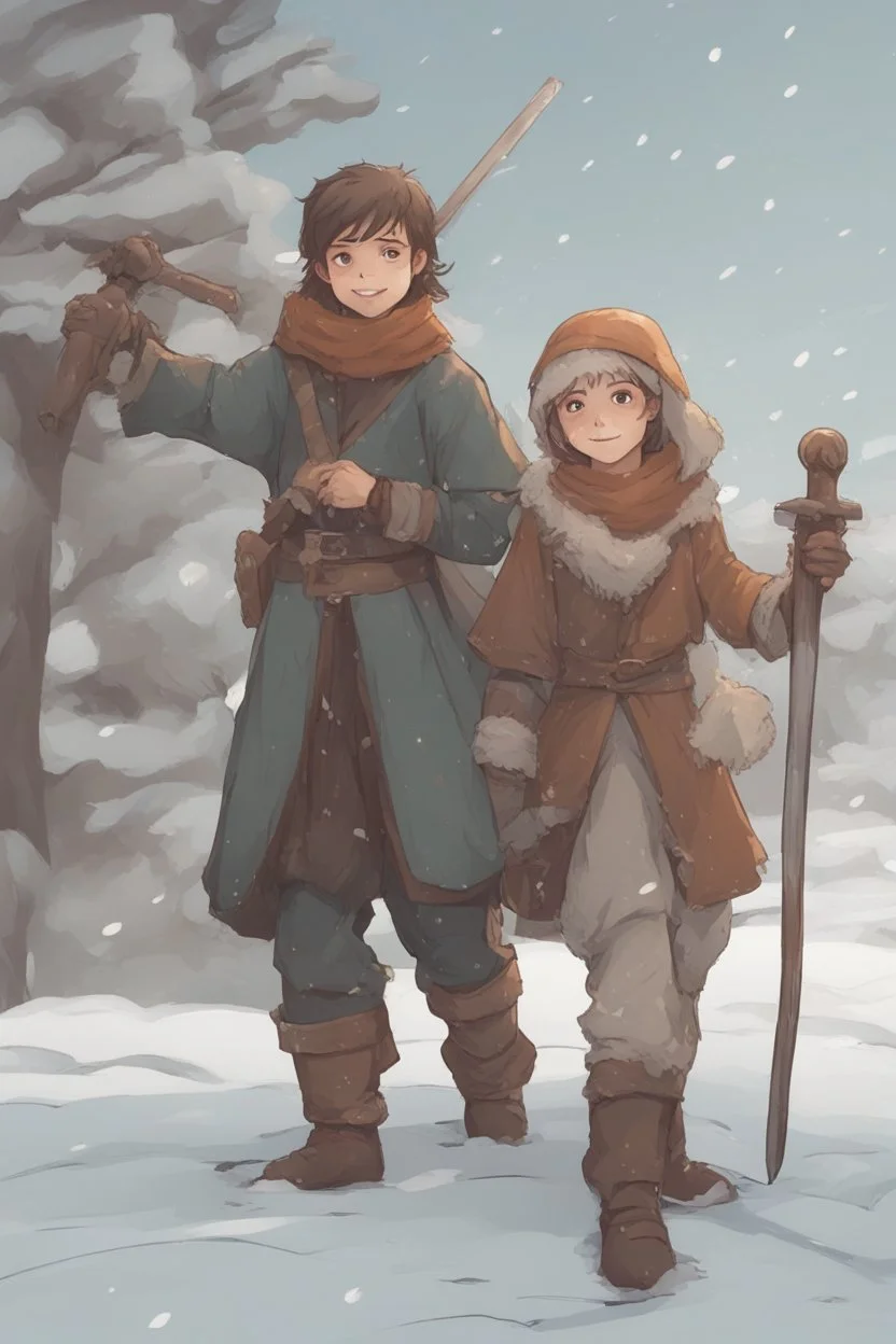 DnD style, two medieval peasant kids playing in the snow male and female, age 14 and 15, happy and playful, he has a short sword.