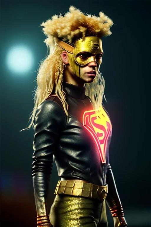 portrait, Shakira, blonde, angry, Realistic image, superhero, watchmen style, gold make-up, blood, sweat, fog, goddess style, Neon colors, leds. Black background, photo studio, concept art, smooth, unreal engine 5, god lights, ray tracing, RTX, lumen lighting, ultra detail, volumetric lighting, 3d, finely drawn, high definition, 4k.