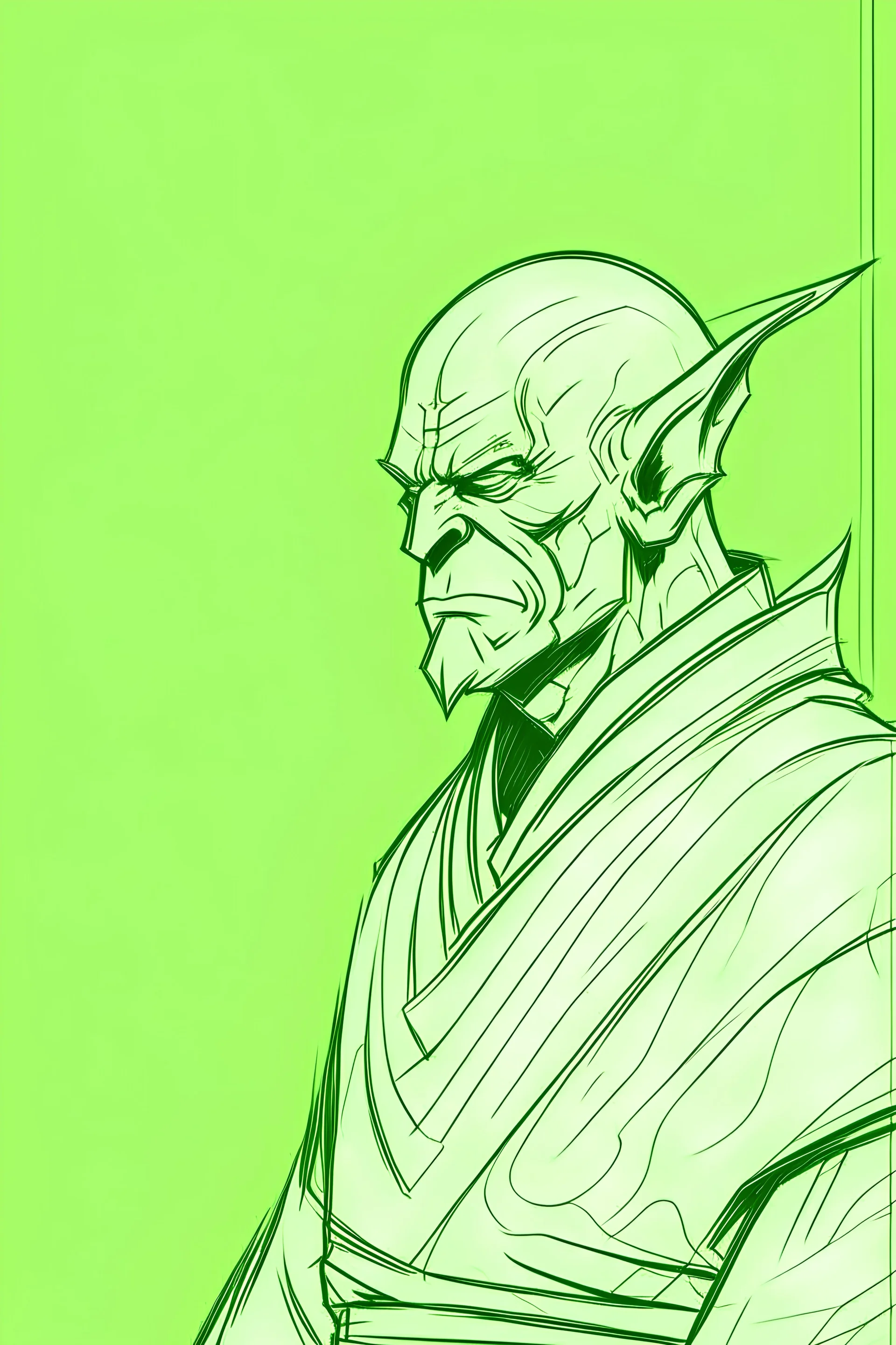 character drawing, fine detail, light green solid background.