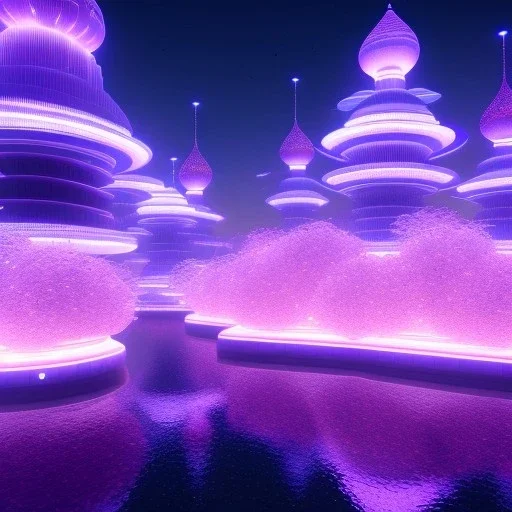 A very beautiful futuristic city, elegant, small crystal edifices, atmospheric, realistic, cinematic lighting, pink blue light, 8k, galactic atmosphere, flowers