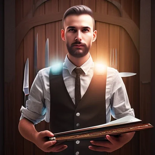 portrait of man in front dark wooden table, shiny fork and knifes on dinner table with cloth, fantasy art book cover