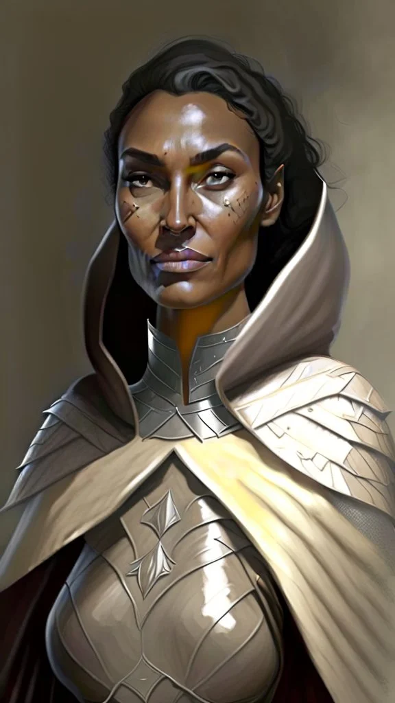 A tall human woman with tanned skin. Her face, marked by the years, always has a smirk on it, showing her superiority in the eyes of the others. She is dressed in grey armor and wears a cape.