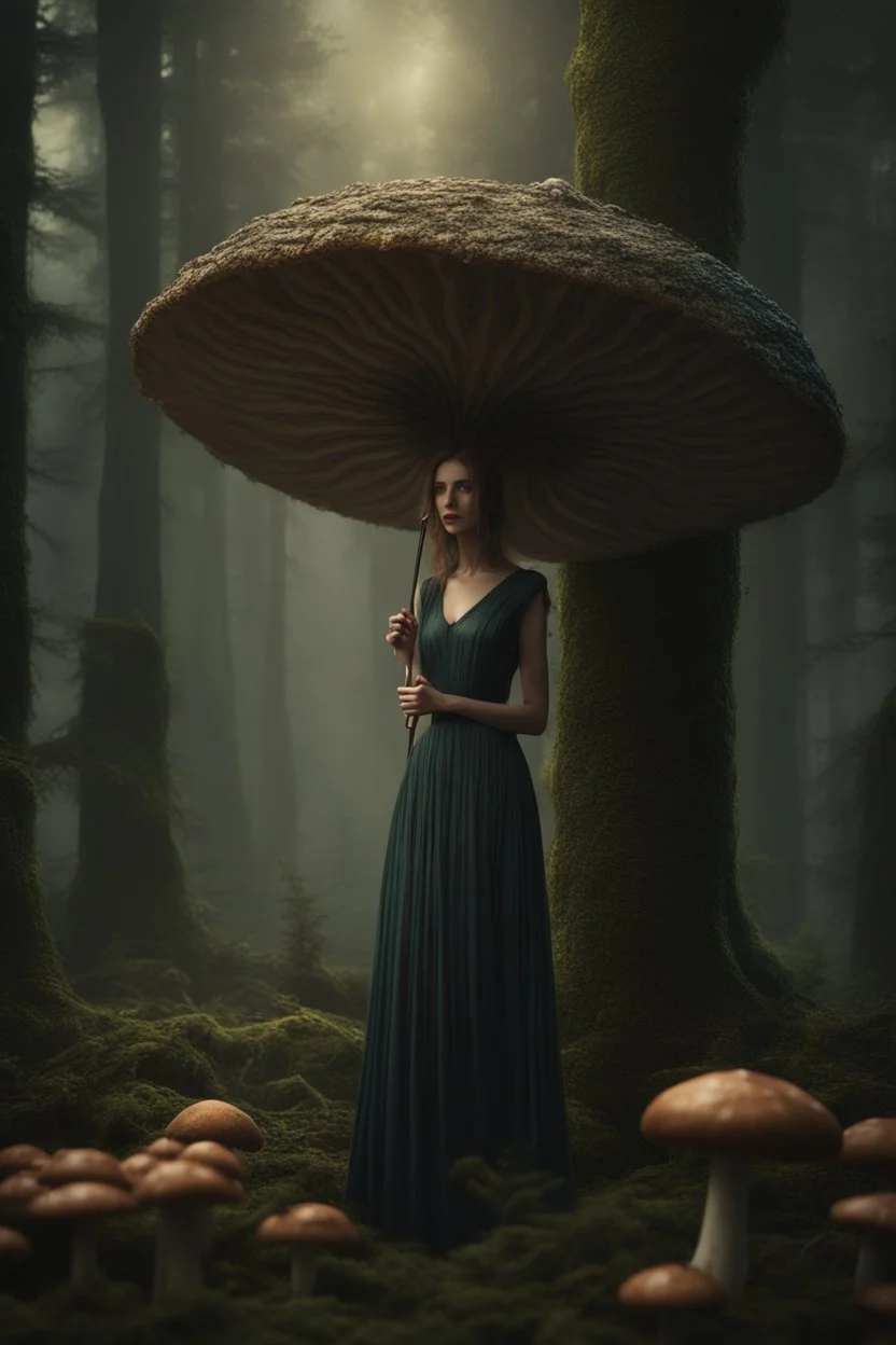 tall slim woman in a dress, in a forest, holding an umbrella made from a mushroom, detailed matte painting, deep colour, fantastical, intricate detail, complementary colours, fantasy concept art, 8k resolution, Unreal Engine 5