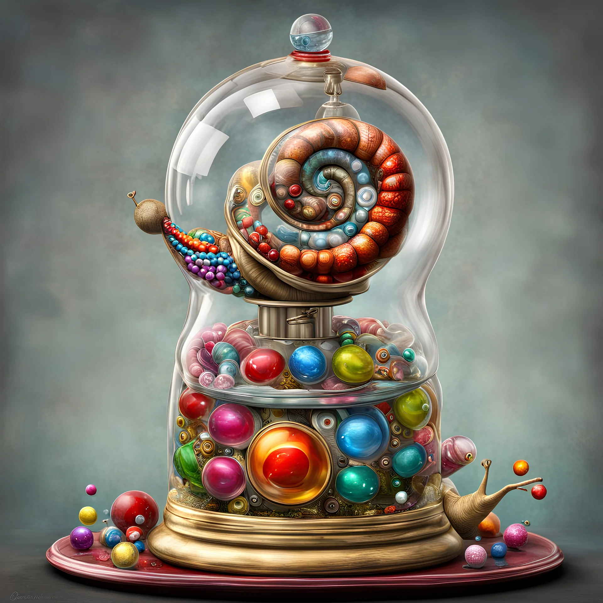 fantastical snail with a clear glass shell that is a 50's gumball machine, photoreal, HDR, Sharp, whimsical, surreal