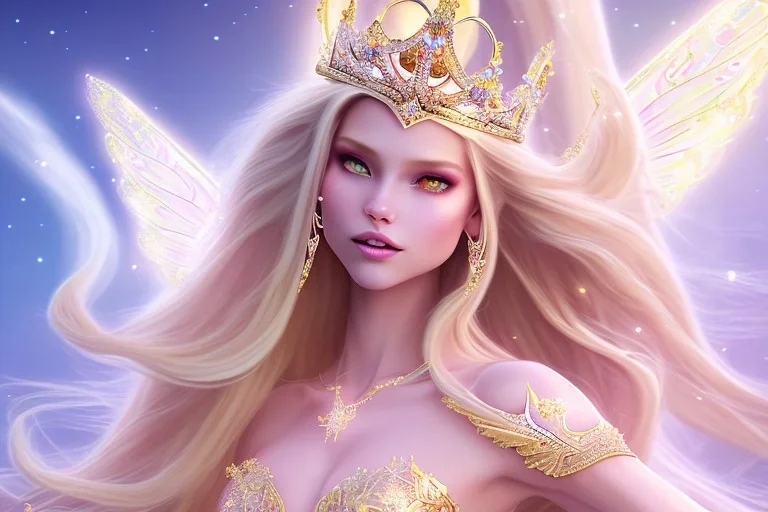 beautiful, very soft, big smiling, very straight and long blonde hair, dewy and shiny vibe, diamond crown, long fairy wings in the back, soft and young full head, golden veil clothes,big smiling , bachground light pink and blue