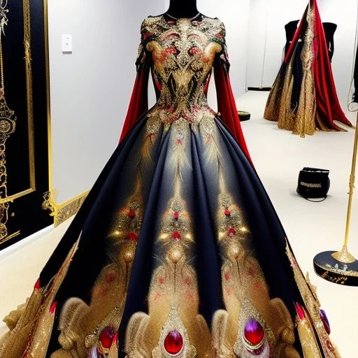 stunning extrem opulent haute couture gown designed by Marchesa inspired by fairies, realistic epic elegant fantasy color mix of black and gold and dark red,decorated with precious stones, detailed, high quality, intricate, fantasyland background,