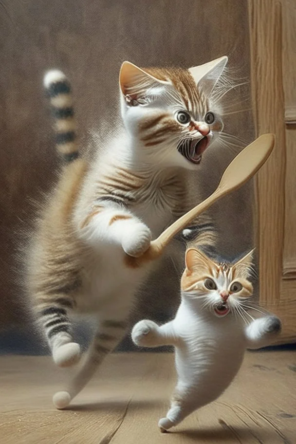 mother cat wearing an aprin using a wooden spoon to chase a baby cat