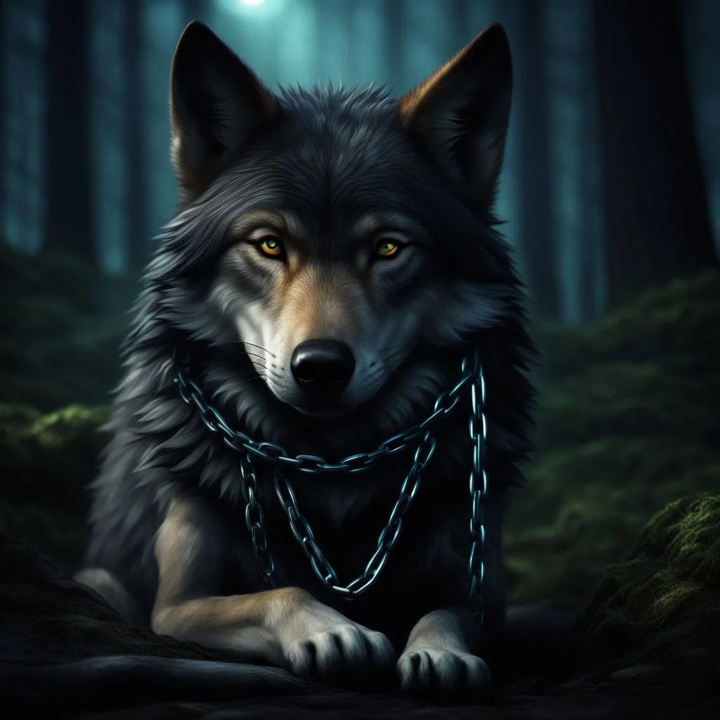 sad small scruffy wolf with a chain around its neck laying down eyes closed, photorealistic, 4k, dark fantasy, forest