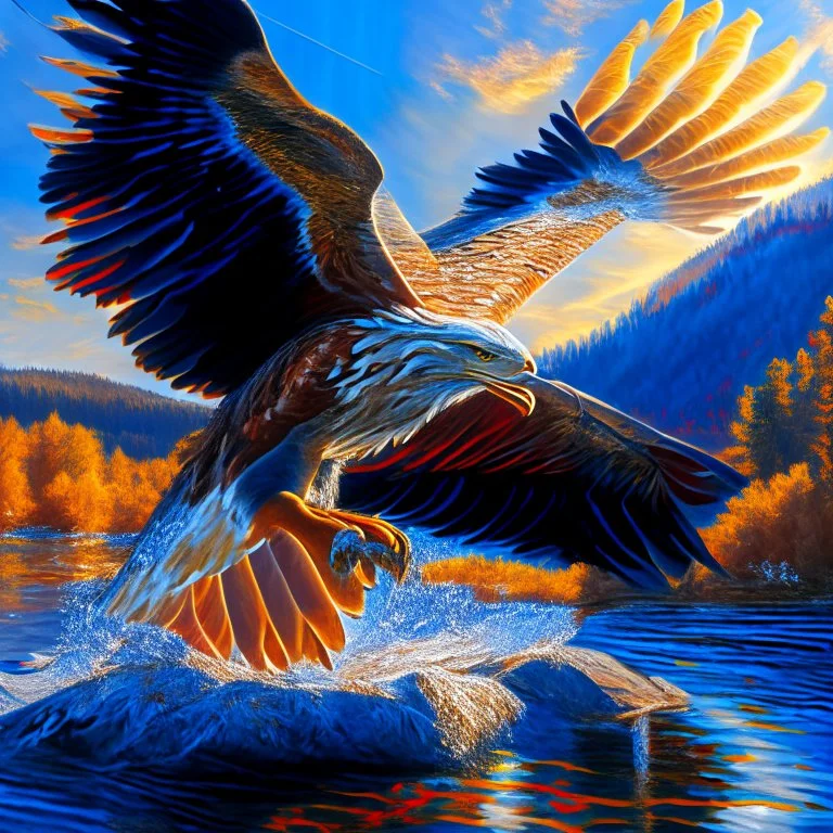 Aguila pescadora con pez salmón grande en sus garras, intrincada, hiperdetallada, pintura al óleo, renacentista, colores contrastantes, clima soleado, sol, cielo azul claro, 8k