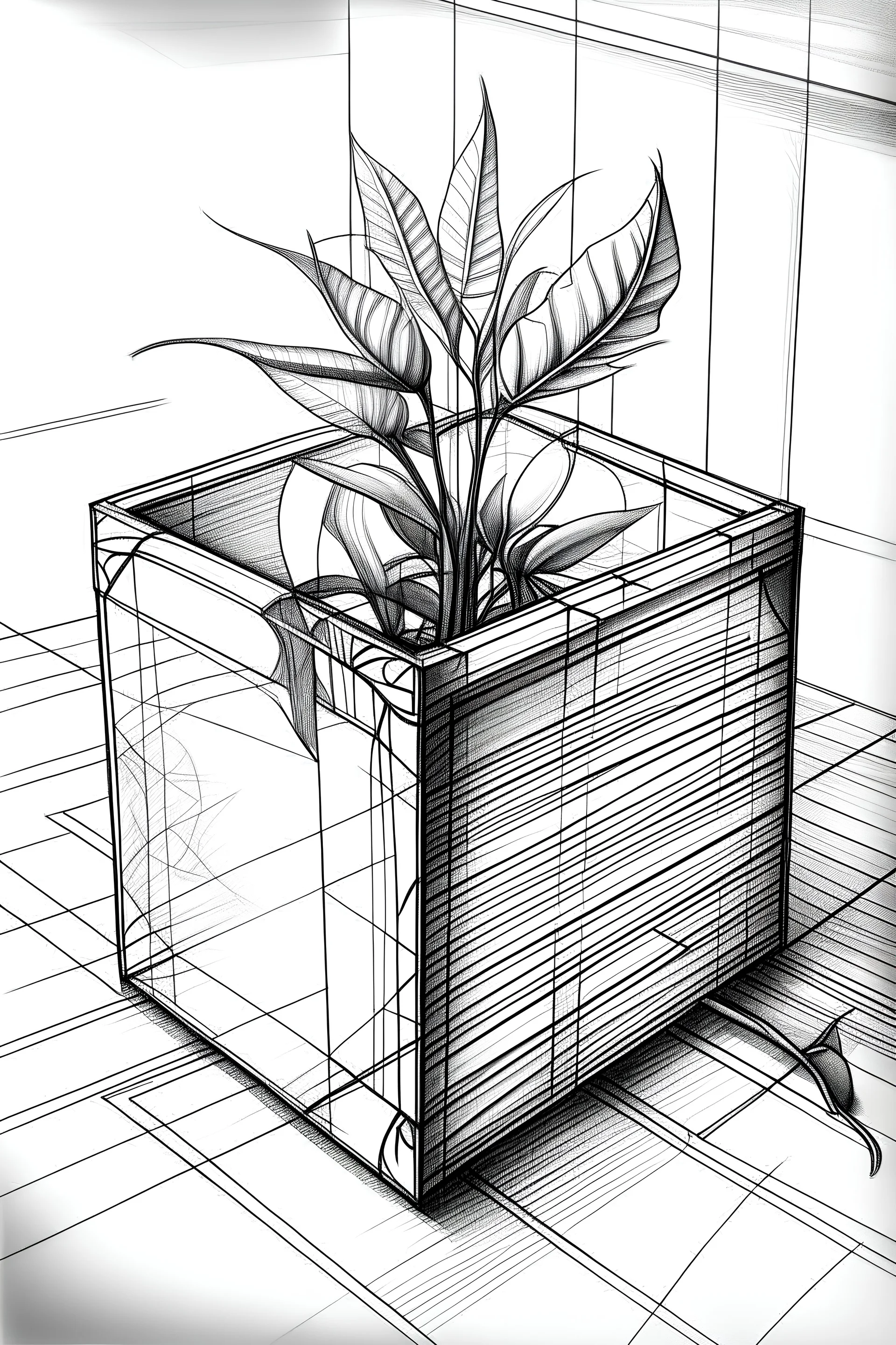 a plant inside a cube pencil sketch