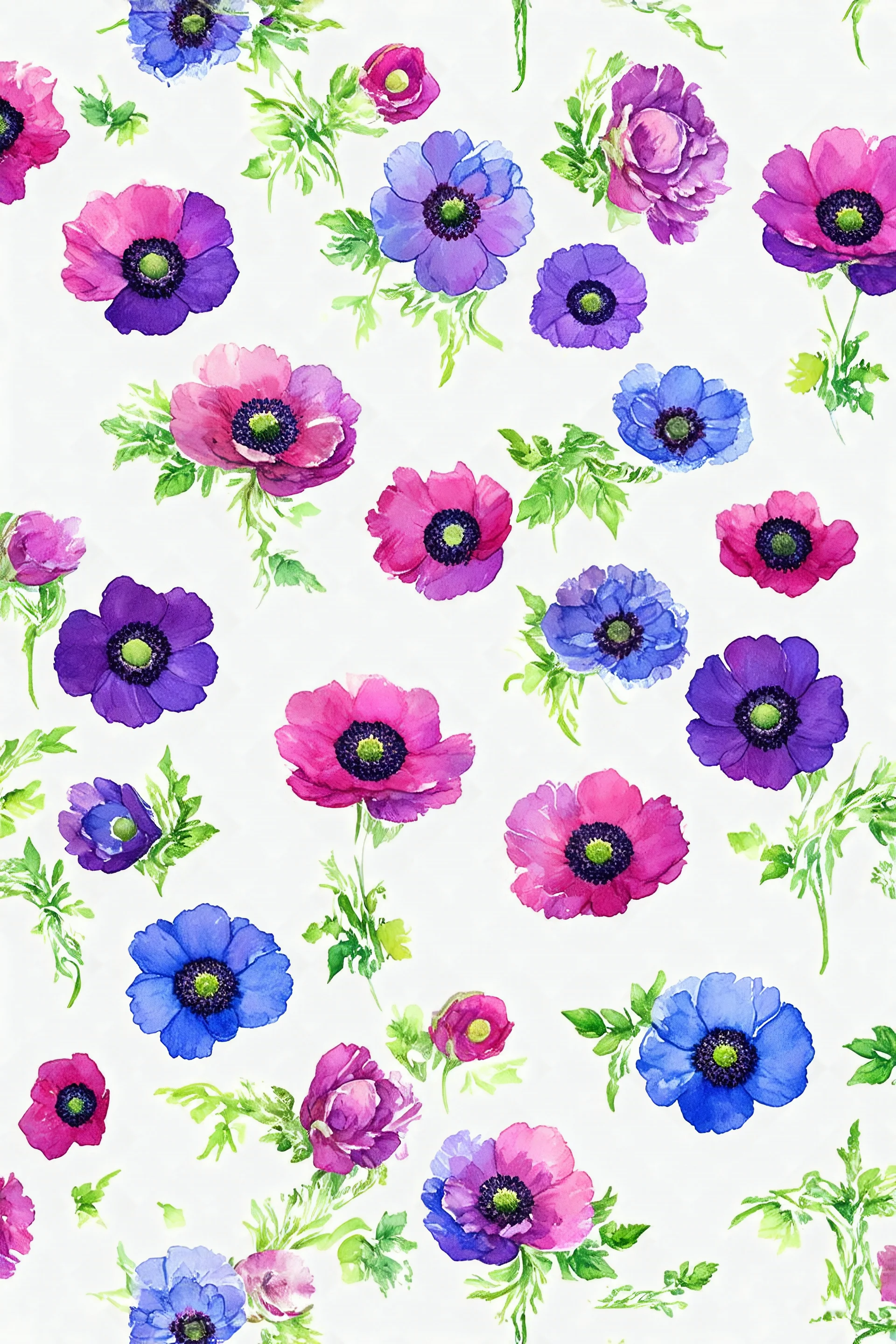 Anemone flower watercolor seamless pattern on white background