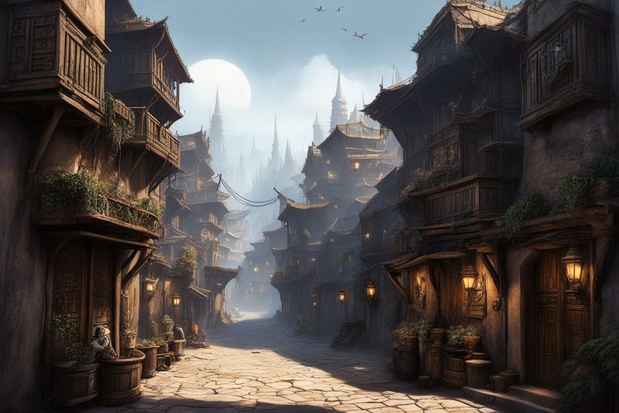 the narrow streets of Lankhmar: richly described as a populous and labyrinthine city rife with corruption. It is decadent or squalid in roughly equal parts and said to be so shrouded by smog that the stars are rarely sighted (the city's alternate name is "The City of Sevenscore Thousand Smokes"). Located next to the Inner Sea, Lankhmar is visited by ships from across Nehwon and is the starting point for Fafhrd and the Mouser's many sea voyages.