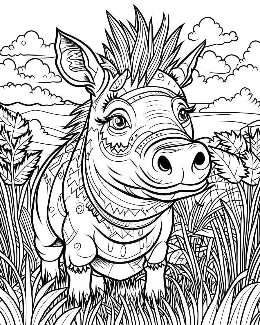 create a 2d black outline, "safari smiling cartoon warthog coloring book for adults", coloring page, low details design, black contour, coloring page design, simple background, colorful , card style, coloring page for adults, white background, sketch style, safari landscape, cartoon style