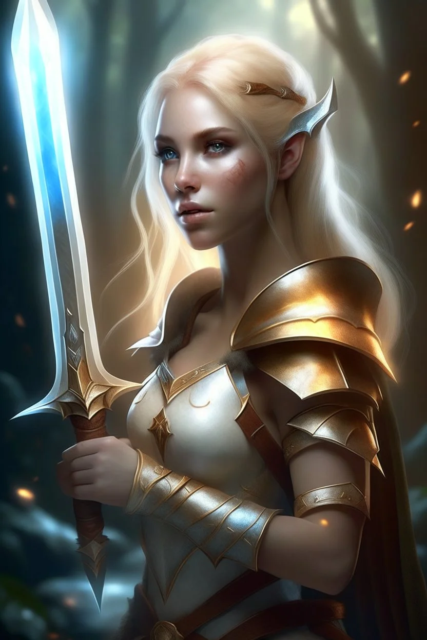 pretty woman, warrior, elf, blonde hair, fantasy, Skyrim, conventionally attractive, fighter, sword, elder scrolls, young, maternal, 3d render, conceptual art, poster