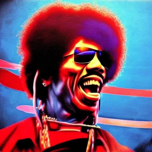 a realistic picture of Jimi Hendrix at a turntable with headphones on being a DJ, vivid color, with sunglasses