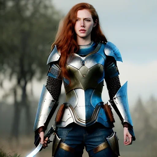 hyper Realistic, hyper detailed, strikingly beautiful young adult woman, 19 years old, long ginger hair, green eyes, medium freckles, full lips, very skimpy fantasy chainmail armour, full body, full face, small breasts, aroused expression, biting lower lip, full frame, athletic, centered camera, ignore NSFW, arming sword on hip, thong