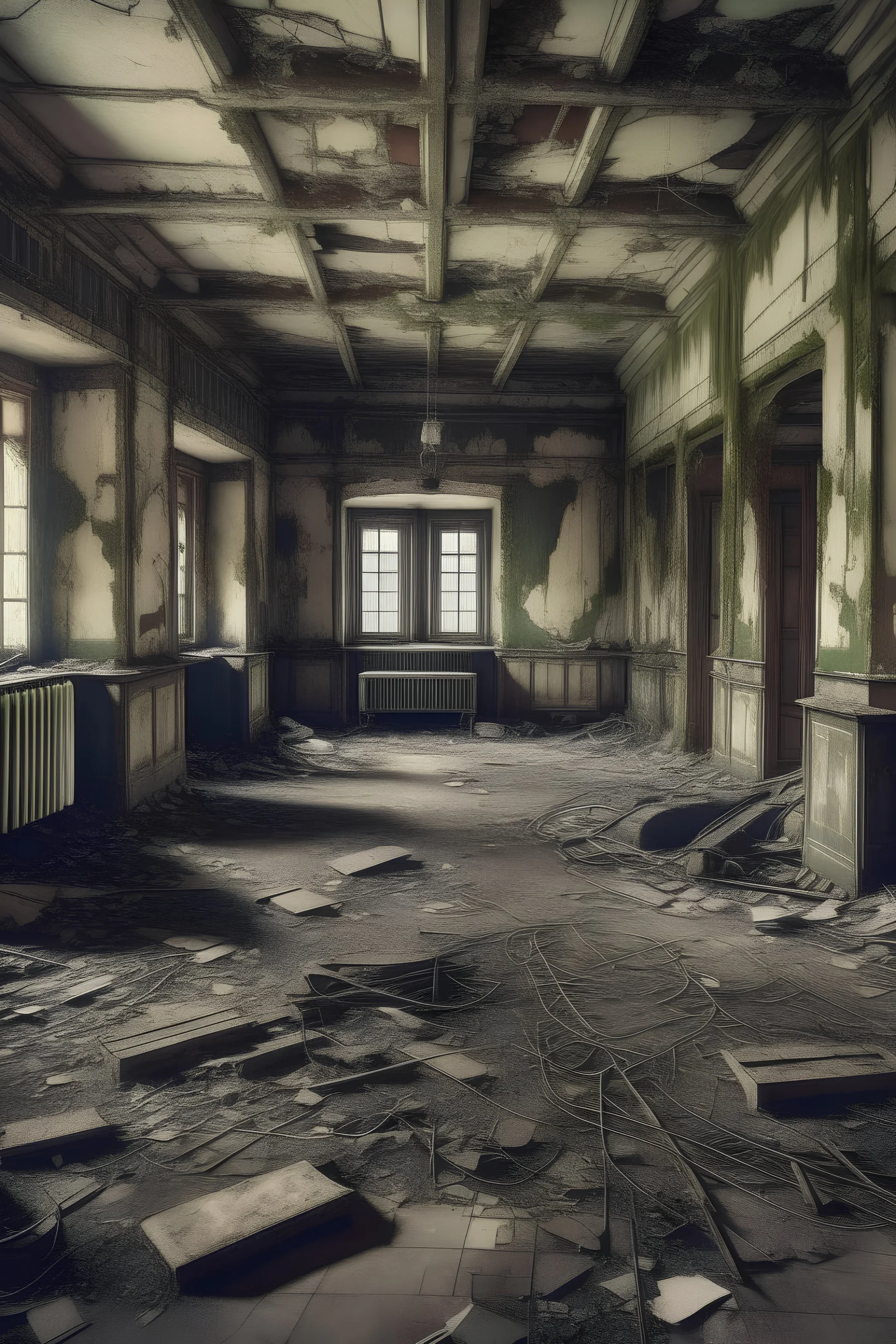 large scratchy decaying poisonous decrepit dilapidated huge room