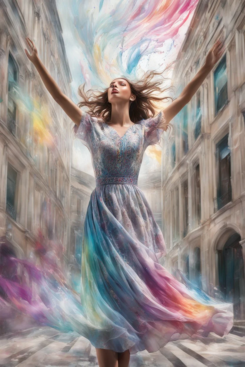 Photorealistic young woman in a dress, standing, with arms raised, looking at the front of a building at midday, with coloured auras swirling around her