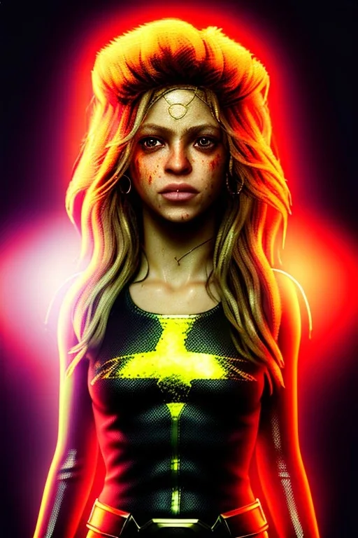 portrait, Shakira, blonde, angry, Realistic image, superhero, retro watchmen style, gold make-up, blood, sweat, fog, goddess style, Neon colors, leds. Black background, photo studio, concept art, smooth, unreal engine 5, god lights, ray tracing, RTX, lumen lighting, ultra detail, volumetric lighting, 3d, finely drawn, high definition, 4k.