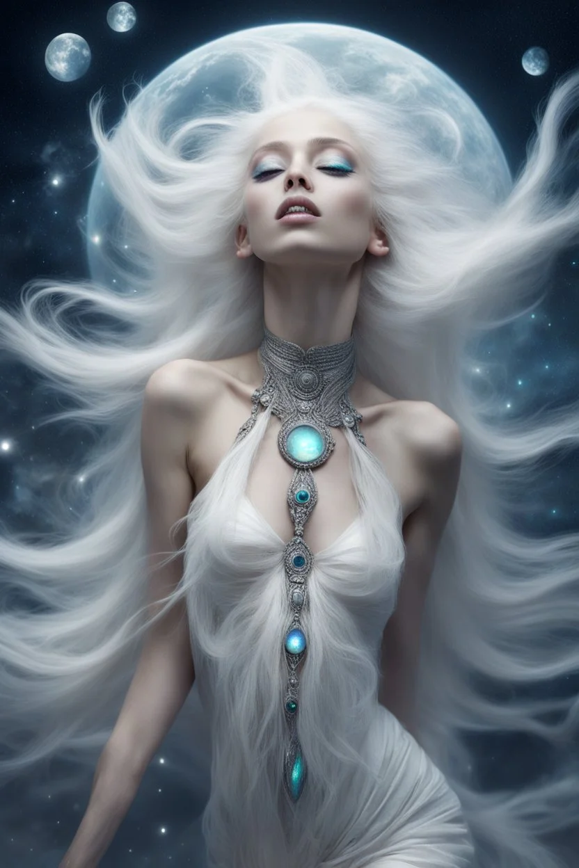 falling broken moon, gorgeous ethereal primitive goddess extraterrestrial female, flying upside-down, curious expression, opal piercings, beautiful face, mesmerizing reflective galaxies in eyes, smooth translucent diamond skin, transcendental, wind blowing through long white hair.