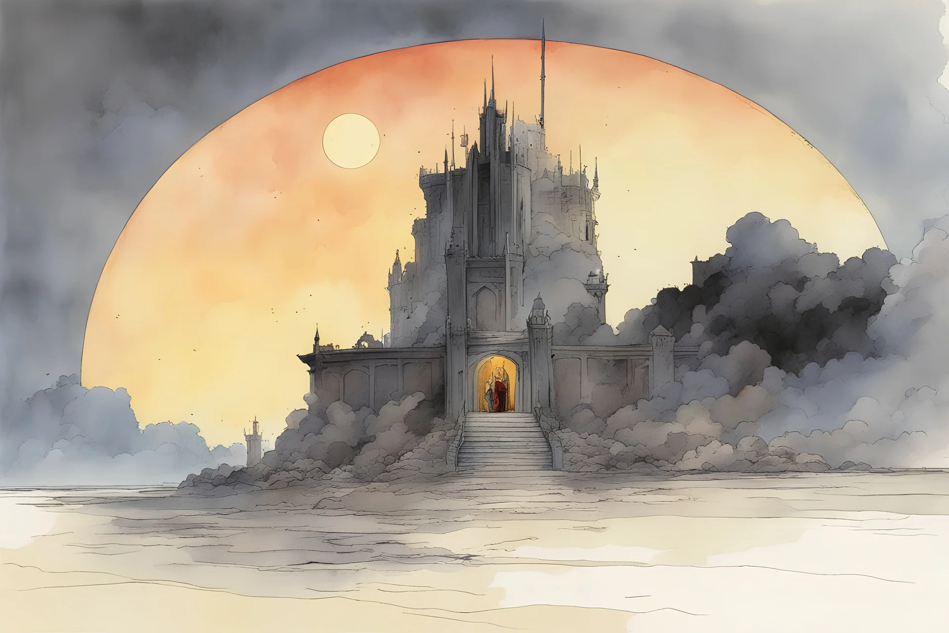 A royal throne sunset casting a warm glow, create in inkwash and watercolor, in the comic book art style of Mike Mignola, Bill Sienkiewicz and Jean Giraud Moebius,