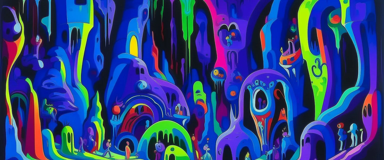 Neon purple caverns with gremlins painted by Wassily Kandinsky