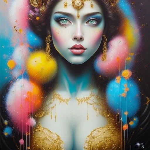 iv_a painting of a young woman, figurative art, an acrylic detailed painting, , brush strokes, paint drips and drabs and splatters by Harumi Hironaka, turquoise pink and yellow, james terrell art, trending on artstation, soft lines,intricate art by bastien lecouffe deharme and greg rutkowski