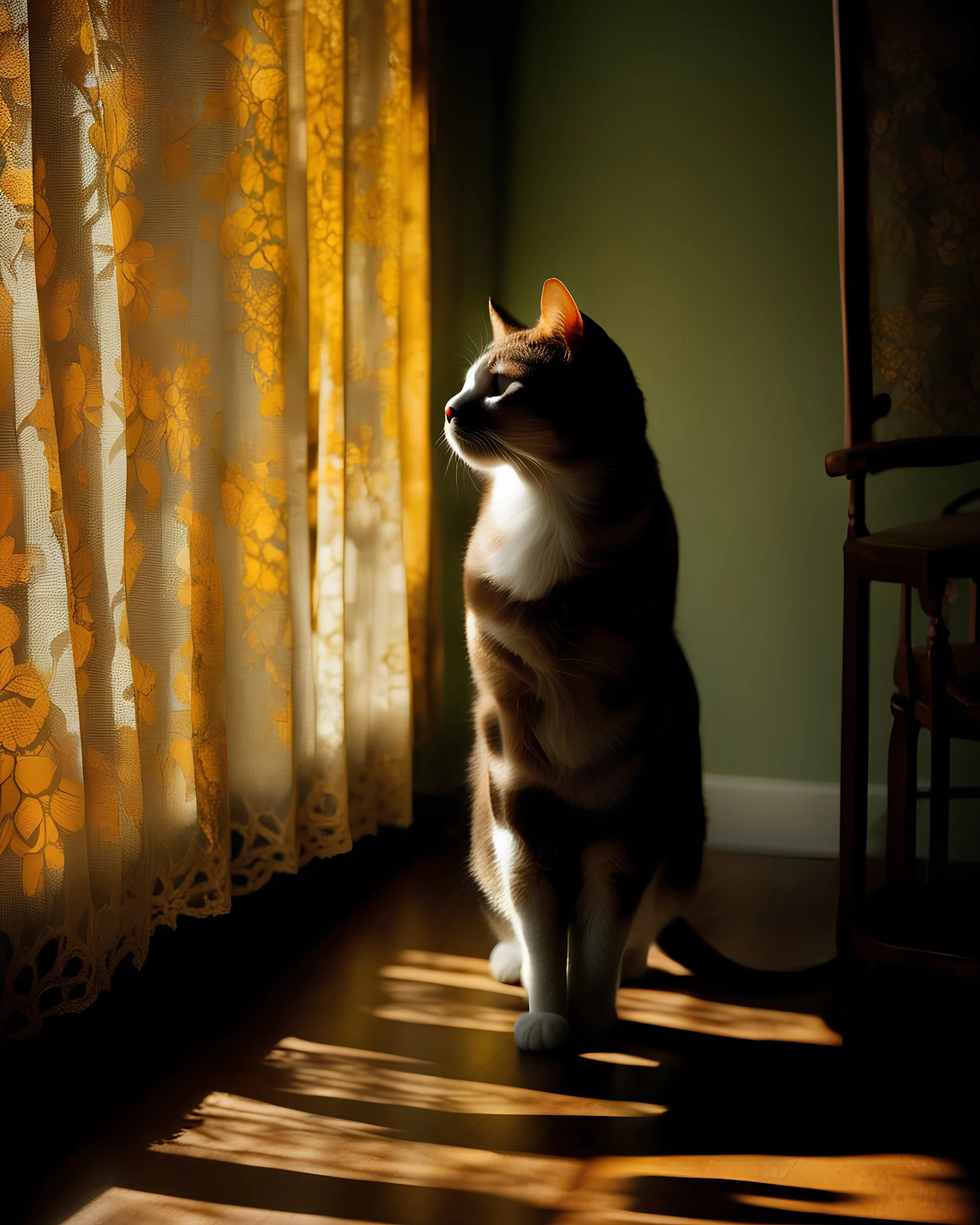 a photo of a cat with caustics shadows reflected on its face, polygon shape shadows on her coat, an example of saul leiter's work, sun - rays beams, projection mapping, its face covered with shadows reflected from hiding behind polygon lace curtains.