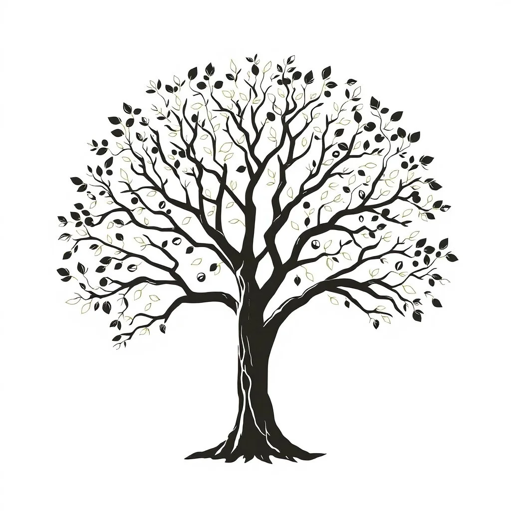 please draw a tree estilized, Round, with its branches and leaves forming a circle, only the silhouette, adapted for laser cutting