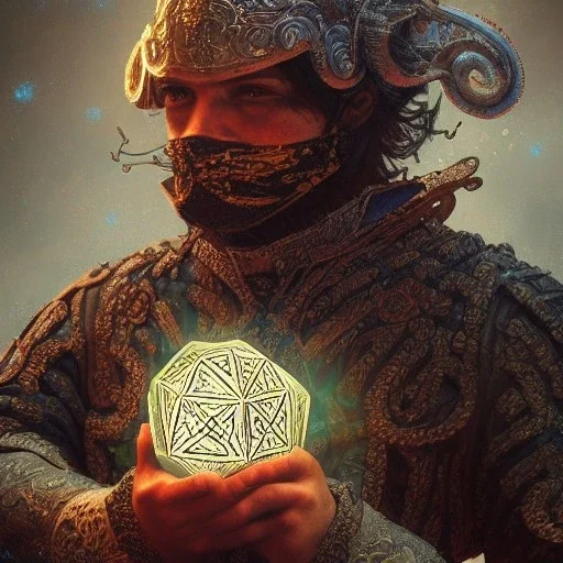 Insanely detailed photograph of an “mariachi warrior holding glowing D20” with intricate detailed beard, intricate clothing, hyperdetailed painting by Ismail Inceoglu Huang Guangjian and Dan Witz CGSociety ZBrush Central fantasy art album cover art,8K, hdr, mysterious, flickeringlights ,Stoic