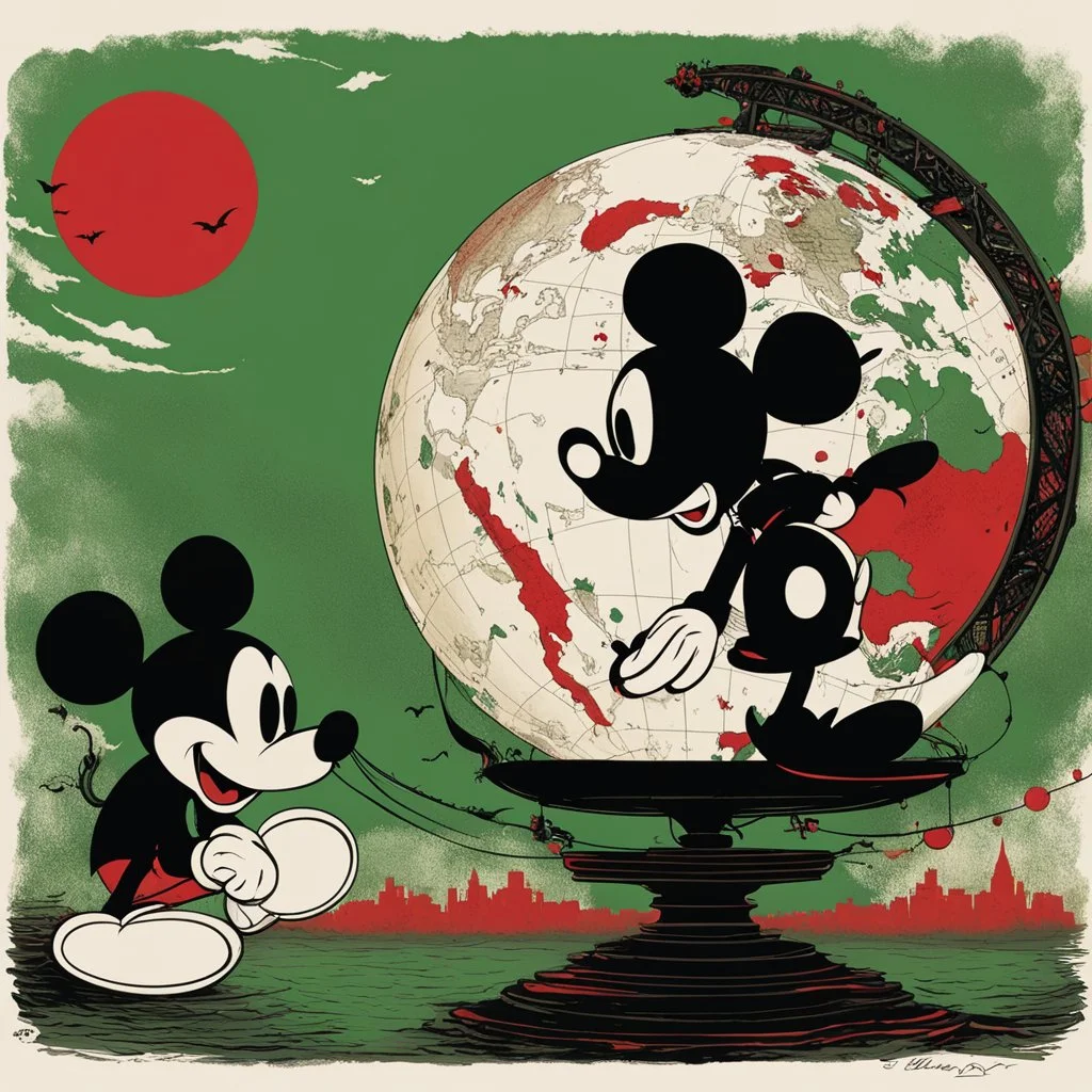 color Ink illustration by Phillipe Druilett, heavily inspired by the unsettling symbolism of Virgil Finday and Alexander Jansson, mickey mouse looming over the globe, red and dark_green and black color scheme dominating the artwork, grim narrative, smooth illustration, chilling Eldritch motifs, UV reactive color slashes, textured surface, ominous representation, unsettling.