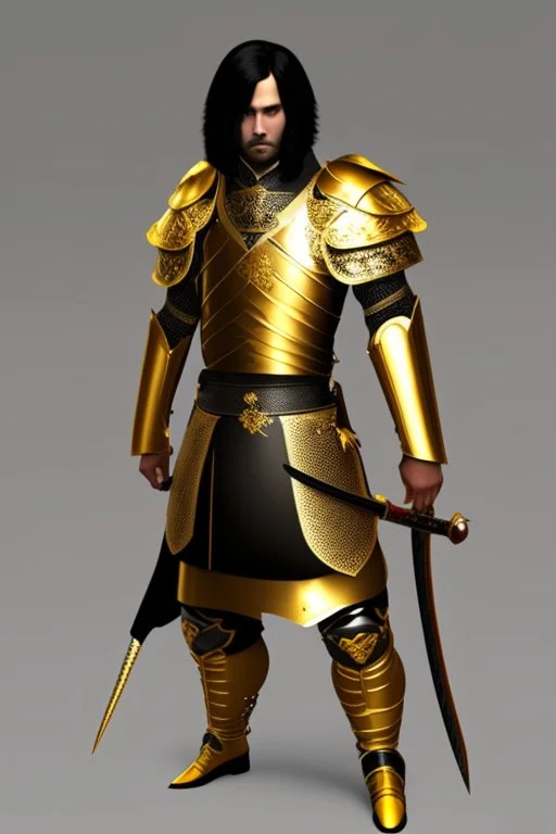 A handsome 30 year old man, black hair, male bob haircut, in black-and-gold plate armor, golden katana in both hands, no beard, european