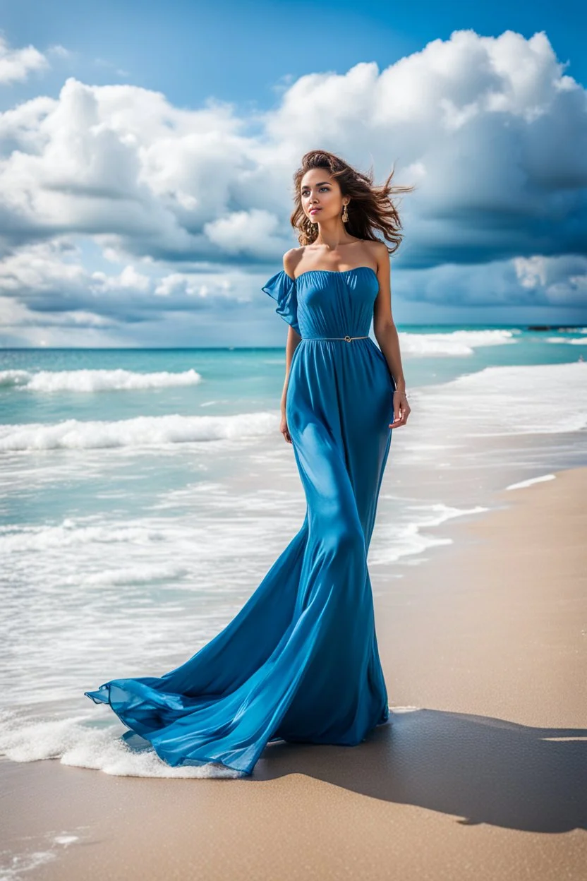 young lady wearing beautiful maxi blue dress standing in beach posing to camera ,ships in sea ,blue sky nice clouds