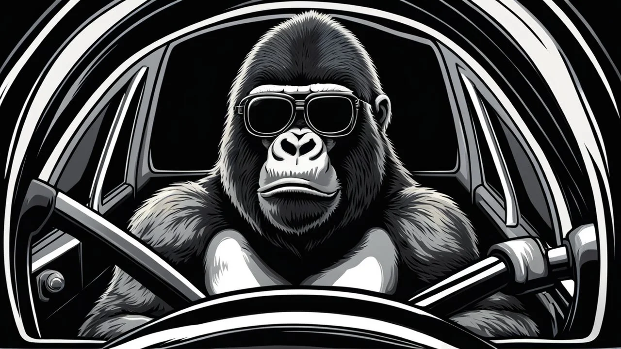 Gorilla wearing thick glasses driving a car. Illustration in the style of Ed Roth.